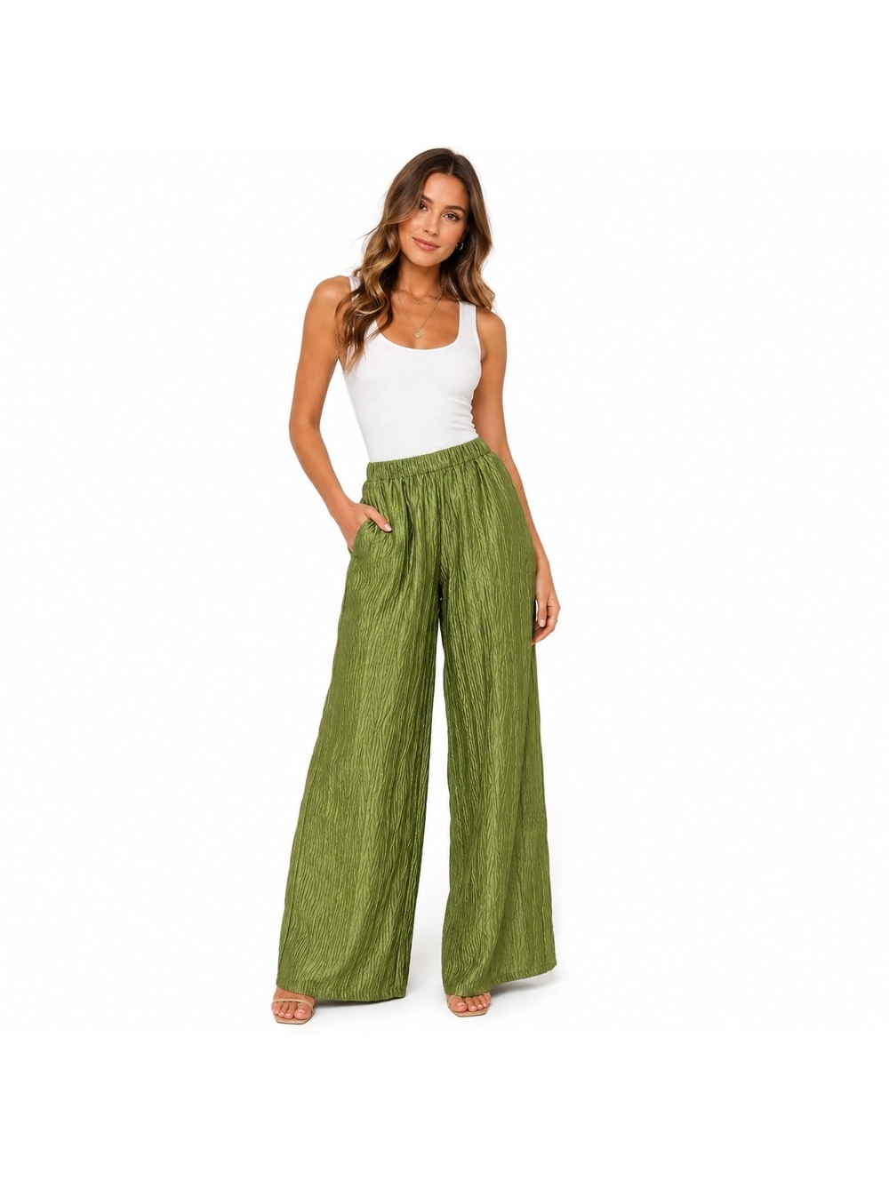 041. ASTR The Label Green Crinkle Satin Wide Leg Pants•Large